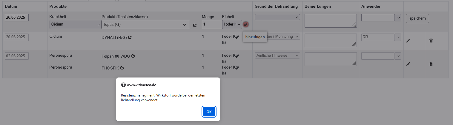Warnmeldung bei aufeinanderfolgendem Einsatz von Mitteln mit gleicher Resistenzklasse.
